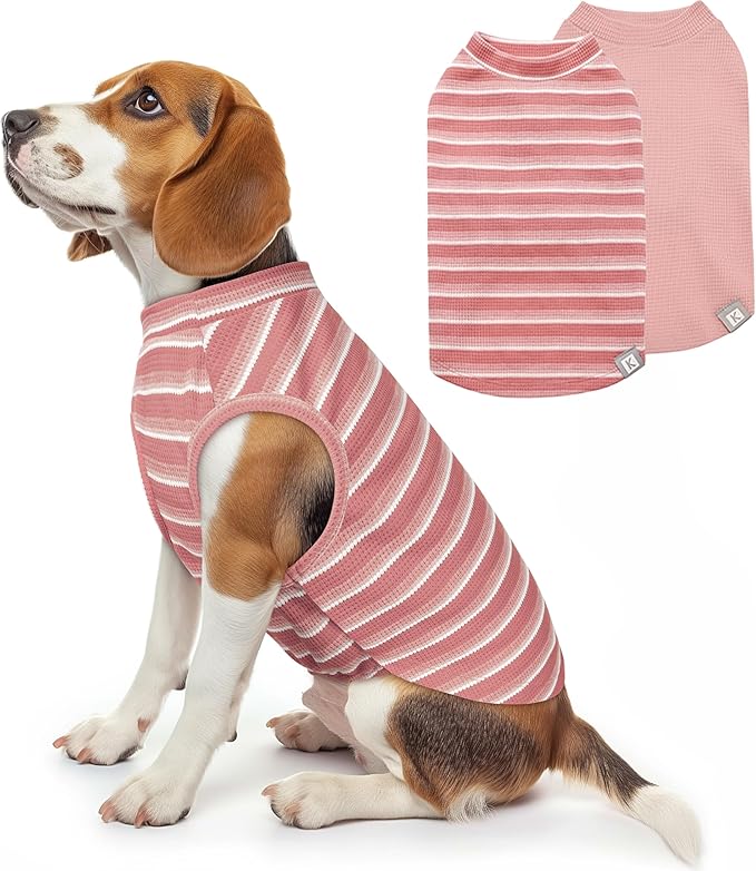 KYEESE 2Pack Waffle Dog Shirts, Lightweight Sleeveless Dog T Shirts for Medium Large Dogs Girl, Breathable Pet Vest Comfort Tank Top Soft Dogs Clothes for Daily Wear, Pink+Striped, 2XL