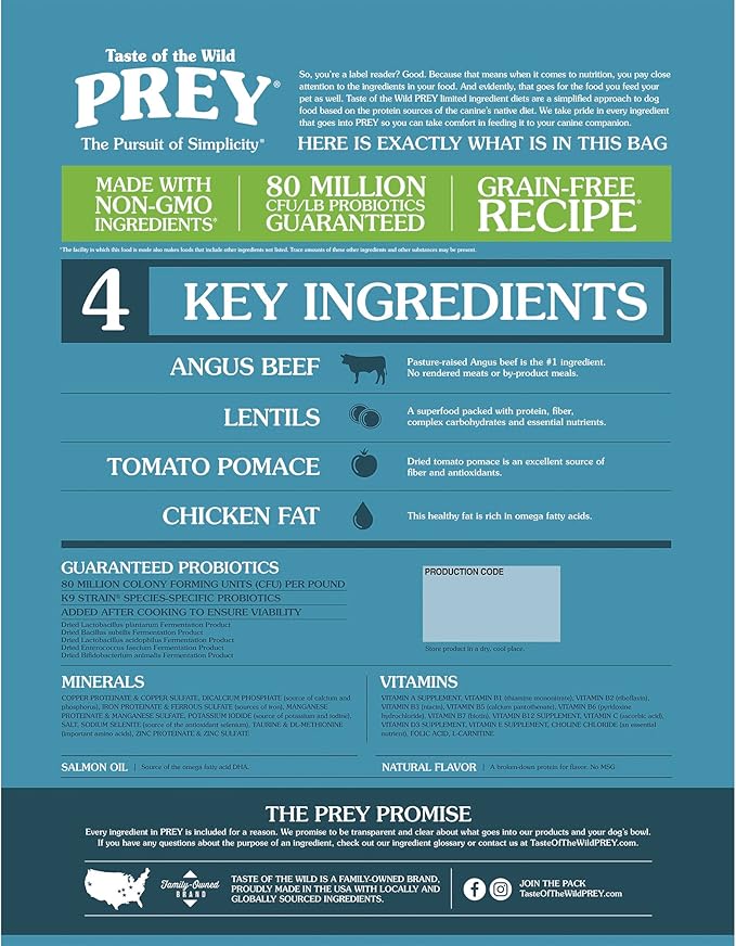 Taste of the Wild Prey Real Meat High Protein Angus Beef Limited Ingredient Dry Dog Food Grain-Free Recipe Made with Real Pasture-Raised Beef and Probiotics for All Life Stages 25lb