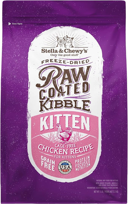 Stella & Chewy's Raw Coated Premium Kibble Cat & Kitten Food – Grain Free, Protein Rich Meals – Cage-Free Chicken for Kittens Recipe – 5 lb. Bag