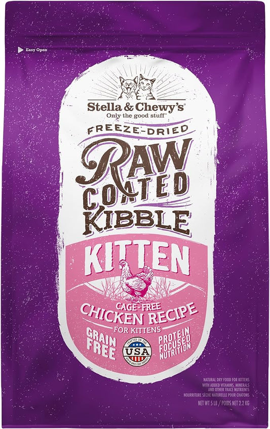 Stella & Chewy's Raw Coated Premium Kibble Cat & Kitten Food – Grain Free, Protein Rich Meals – Cage-Free Chicken for Kittens Recipe – 5 lb. Bag