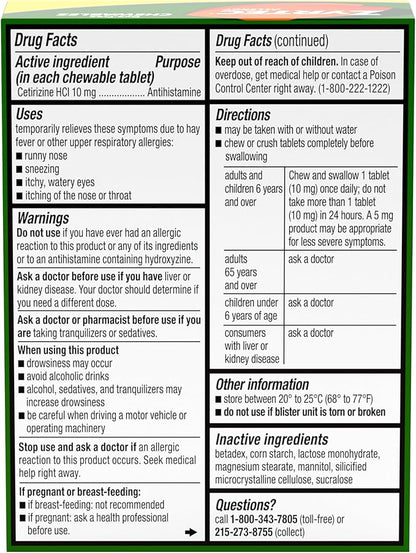 Zyrtec 24 Hour Allergy Relief Chewable Tablets, 10 mg Cetirizine Hydrochloride Antihistamine, Dye-Free Allergy Medicine for Runny Nose, Sneezing, Itchy, Watery Eyes, Indoor & Outdoor Allergies, 24 ct