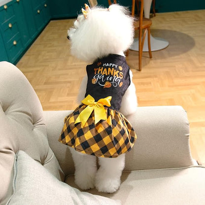 CuteBone Happy Thanksgiving Day Dog Fall Dress Costume Velvet for Small Dogs Girl Puppy Dresses Yellow Plaid Dog Clothes CVA03L-D