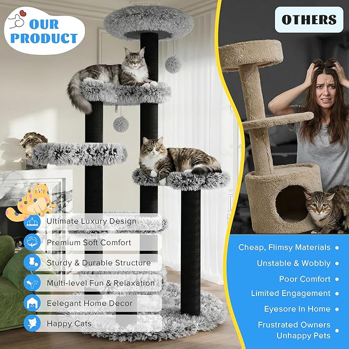 SHA CERLIN 61.5in Cat Tree Tower, Multi-Level Activity Center with Cozy Perch, Star-Shaped Platform, Moon Jumping Board, Sisal Scratching Posts, Hanging Toy Balls for Indoor Feline, Black and White