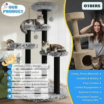 SHA CERLIN 61.5in Cat Tree Tower, Multi-Level Activity Center with Cozy Perch, Star-Shaped Platform, Moon Jumping Board, Sisal Scratching Posts, Hanging Toy Balls for Indoor Feline, Black and White