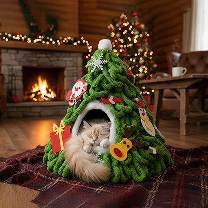 PETKARAY Cat Cave Bed for Indoor Cats, Pre-Assembled Cozy Felt Cat House with Plush Cushion, Christmas Tree–Inspired Design