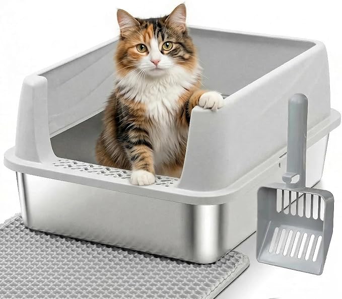 Stainless Steel Cat Litter Box, Metal Litter Box with High Sides Lid for Kittens, Medium Cat, Include Scoop and Mat, Non-Sticky, Anti-Leakage, Easy to Clean, M