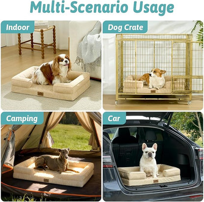 COZY KISS Cooling Dog Bed for Medium Small Size Dogs, Q-Max >0.4 Summer Cool Pet Bed, Orthopedic Foam Dog Sofa with Sides, Bolster Anti-Slip Couch with Washable Removable Cover, M 30x20x6 inch, Beige