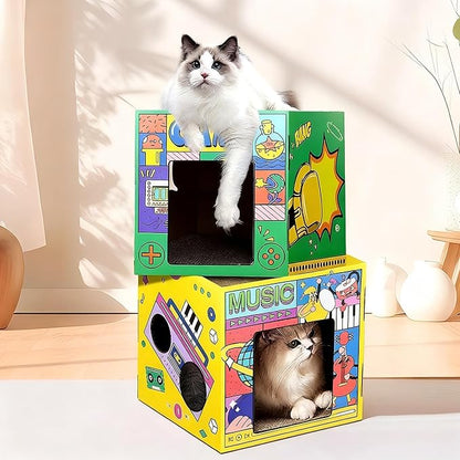 Cardboard Cat House,Scrathing Bed for Cats,Eco-Friendly Pet Furniture,Modern Cat Bed,Hiding Box (Yellow, Large)