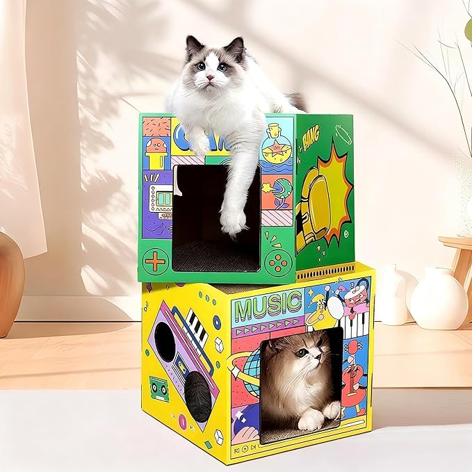 Cardboard Cat House,Scrathing Bed for Cats,Eco-Friendly Pet Furniture,Modern Cat Bed,Hiding Box (Green, Large)