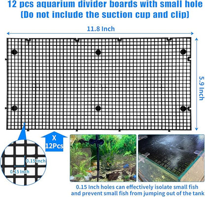 Plastic Egg Crate Grip Panel Fish Tank Divider Aquarium Divider Filter Bottom Fish Tank Isolation Board Egg Crate Tray (Black, 12pcs 11.8X5.9 Inch with 0.15 Inch Hole)