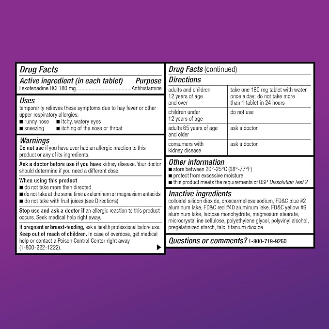 Amazon Basic Care All Day Allergy Relief, Fexofenadine Hydrochloride Tablets, 180 mg, Antihistamine, Non-Drowsy, 24-Hour Relief, Indoor & Outdoor Allergy, 30 Count (Pack of 2)