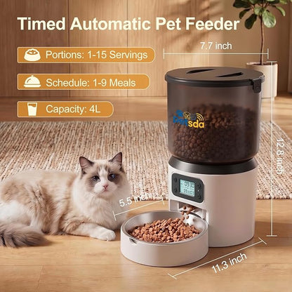 Automatic Cat Feeders, 4L Timed Cat Dry Food Dispenser Auto Pet Feeder Portion Control up to 9 Meals/Day for Cats and Small Dogs Dual Power Supply, with Stainless Bowl Fresh Food, Easy Clean