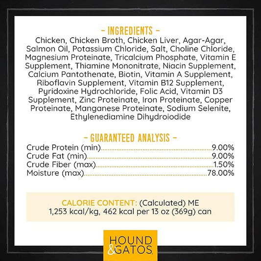 Hound & Gatos Wet Dog Food, 98% Real Meat, Single Protein Chicken Recipe, Supports Digestive Health, High Protein, Limited Ingredients, Grain Free, 13 oz. Cans (Pack of 12)