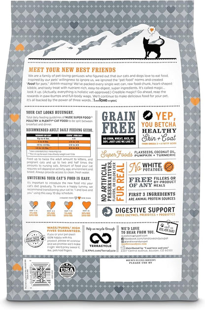 I and love and you Nude Super Food Dry Cat Food - Turkey + Chicken - Grain Free, High Protein, No Fillers, Superfoods, 5lb Bag