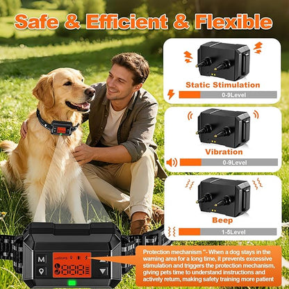 GPS Wireless Dog Fence System, Electric Dog Fence, IPX7 Waterproof Rechargeable Collar Receiver,Radius from min 33 to max 999 Yards, Electric Dog Fence with No Wire Circular Boundary,Outdoor Use Only2