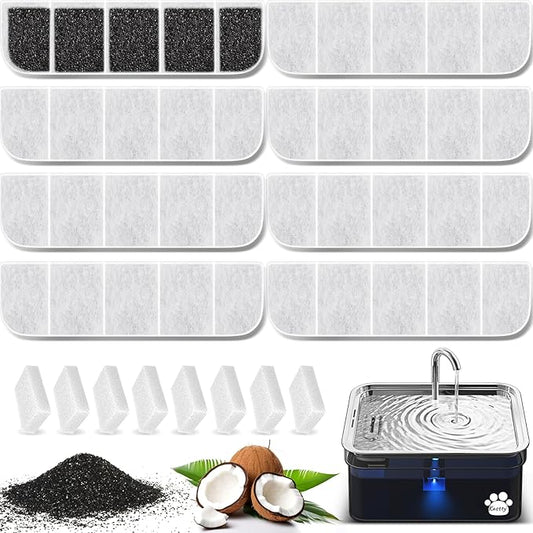 8 Pack Replacement F-ilters with 8 Pack Replacement P-ump F-ilters for Kastty 2.8GAL/10.5L SUS304 Stainlee Steel Large Dog Water Fountain, Made of Food Grade Activated Carbon and PP Cotton