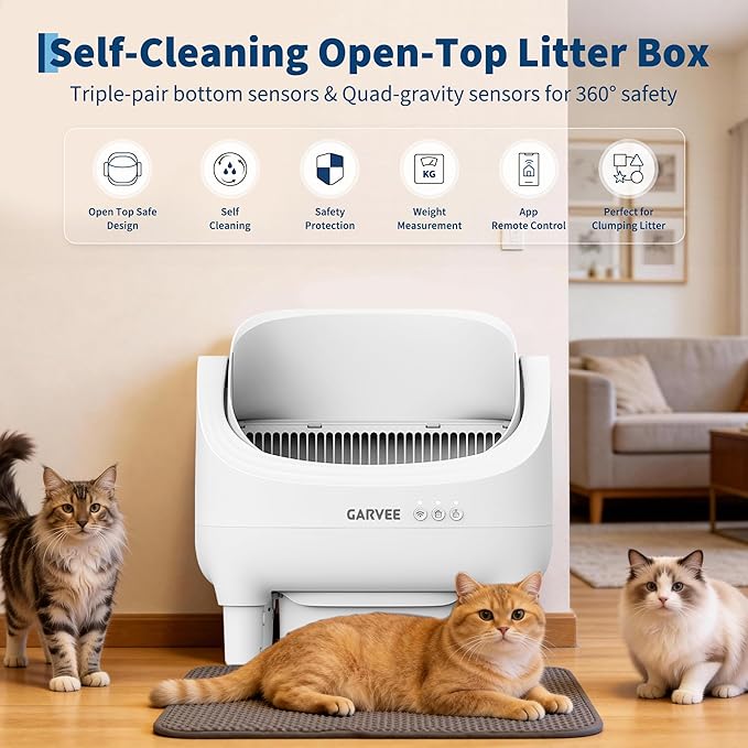 Self Cleaning Litter Box, Automatic Cat Litter Box with APP Control, Odor-Free Waste Disposal Includes Trash Bags, Large Waste Bin, Open-Top Automatic Litter Box for Multiple Cats, White