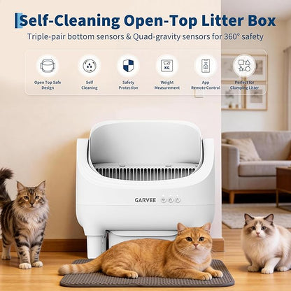 Self Cleaning Litter Box, Automatic Cat Litter Box with APP Control, Odor-Free Waste Disposal Includes Trash Bags, Large Waste Bin, Open-Top Automatic Litter Box for Multiple Cats, White