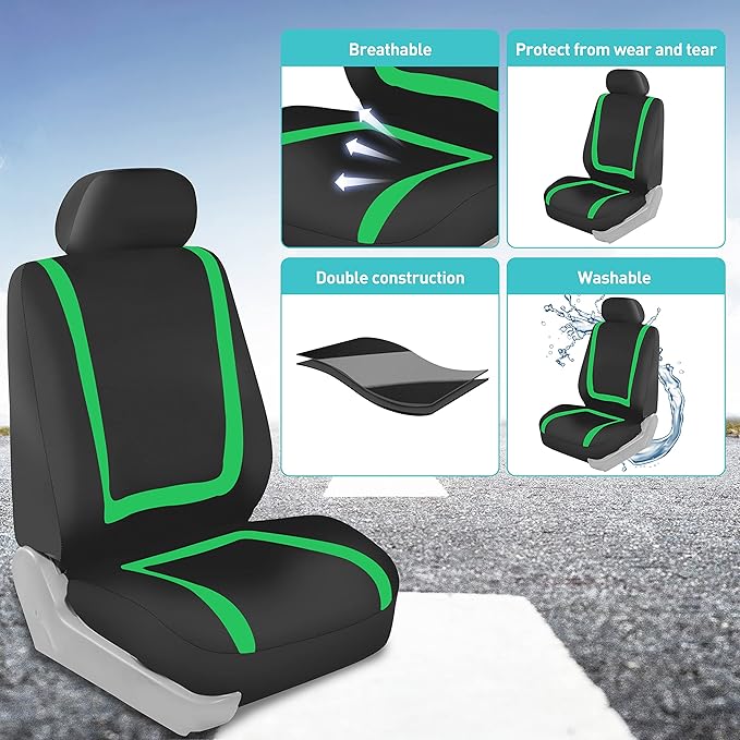 FH Group Car Seat Covers Front Set in Cloth-Car Seat Covers for Low Back Car Seats with Removable Headrest,Universal Fit,Automotive Seat Covers,Washable Car Seat Cover for SUV,Sedan,Van Green