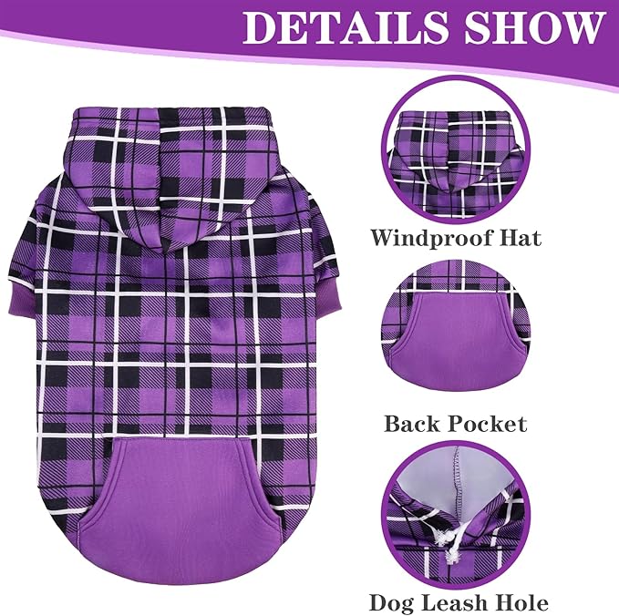 EXPAWLORER Plaid Dog Hoodie - British Style Warm Dog Sweater Shirt with Leash Hole,Pitbull Clothes Outfits,Winter Coat Apparel for All Breeds Puppy Girl Boy-Cat Apparel,Purple X-Small