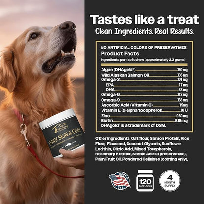 K9-Innovations - Daily Skin & Coat Dog Chews Salmon Flavor - Reduce Itching & Paw Chewing, Omega 3 & VIT C for Skin Health - 1-4 Month Supply (120qty)