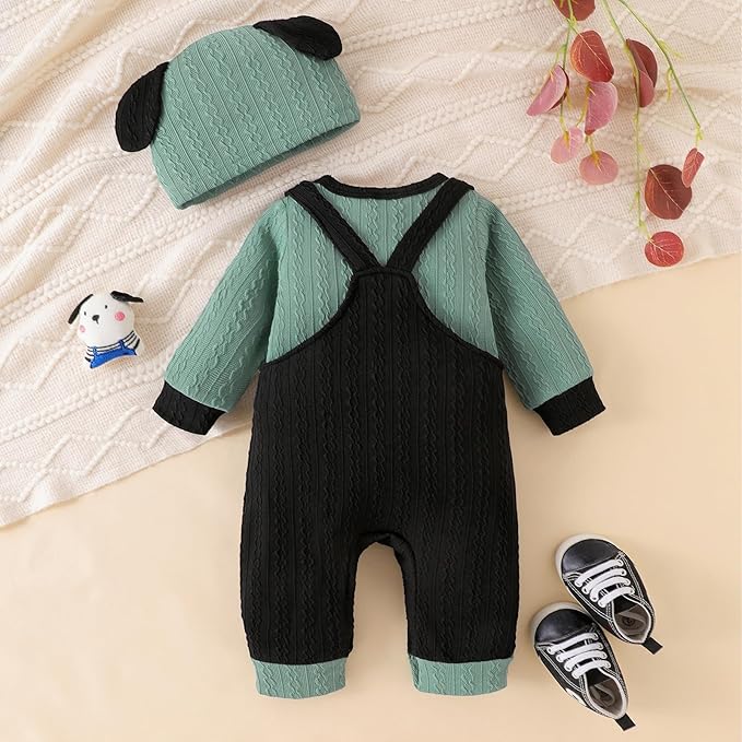 FOCUTEBB Baby Boy Clothes Cute Long Sleeve Romper Infant Pocket Overalls Adjustable Suspender Pants Set 0-18 Months