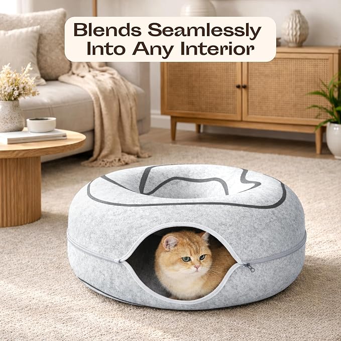 Meowfia Hideout Peekaboo Cat Cave – Donut Tunnel Bed Enclosure for Indoor Cats – Multi-Cat Hideaway in Cute Patterns (Dark Grey)