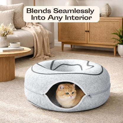 Meowfia Hideout Peekaboo Cat Cave – Donut Tunnel Bed Enclosure for Indoor Cats – Multi-Cat Hideaway in Cute Patterns (Dark Grey)