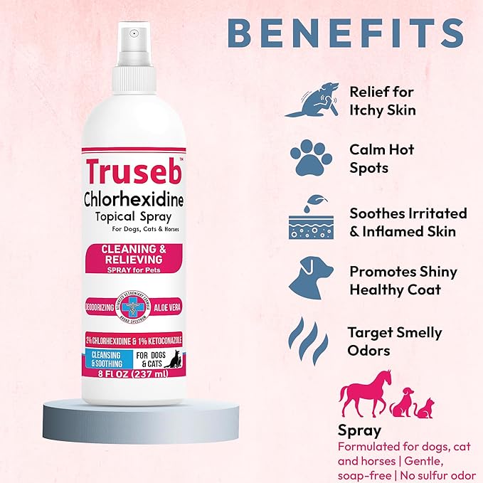 Pet Health Pharma Truseb Topical Ketoconazole and Chlorhexidine Spray for Dogs, Cats, and Horses with Essential Fatty Acids, Aloe and Vitamin E- 16 oz (Ketoconazole & Chlorhexidine Spray, 16 oz)