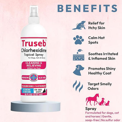 Truseb Advanced Strength Medicated Chlorhexidine for Dogs Cats Horses Skin Spray with Aloe Vera - Medicated Ketoconazole Spray for Skin Irritation, Hot Spots, Redne (Medicated Ketoconazole Spray, 8oz)