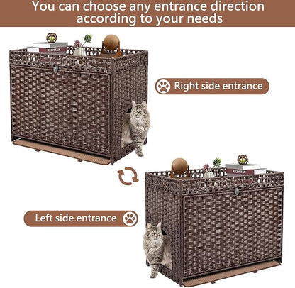 Cat Litter Box Enclosure Furniture Hidden, Pet House Litter Box Furniture for Large Cats, Handwoven Rattan with Door Cat Washroom Box, Indoor Cat House Storage with Soft Litter Mat, Brown