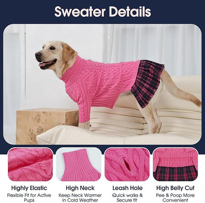 IECOii Girl Dog Sweater Dress - Cable Knit Dog Sweater for Medium Dogs Girl, Pink, Large - Turtleneck Winter Sweaters with Leash Hole, Soft & Stretchy Adorable Dress for Thanksgiving Christmas Photo