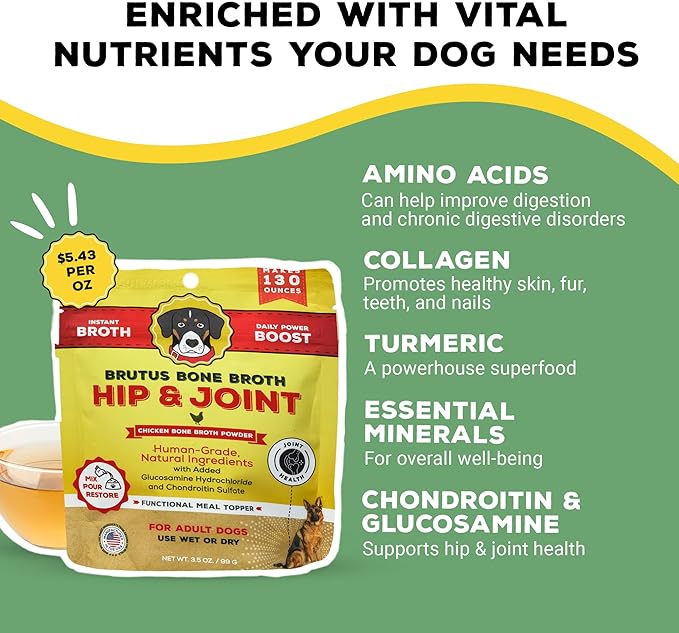 Brutus Broth Dog Food Topper - Instant Bone Broth Powder for Dogs - Supports Hip and Joint Function - Human-Grade Quality, Serve Dry or Wet - Chicken Flavor, 3.5 oz (Pack of 1)
