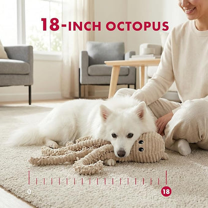 Pet Lou 18 Inch Octopus Plush Dog Toy with Squeaker and Crinkle Paper, 100% Natural Nubby Durable Plush Squeaky Toy for Indoor and Outdoor Play