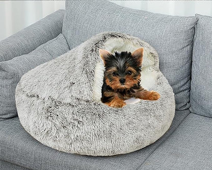 Dog Cave Bed for Small Dogs Cats Pets, Anti Anxiety Calming Plush Dog Beds, Fluffy Covered Hooded Cozy Burrow Puppy Beds, Anti-Slip Bottom Washable Pet Sleeping Bag (20" D, Coffee)
