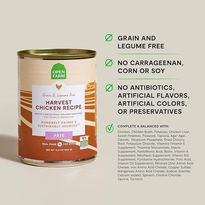 Open Farm Canned Dog Food, Pate for Complete & Balanced Nutrition, Grain Free and Legume-Free, Harvest Chicken Recipe, 12.5oz Cans (Pack of 12)