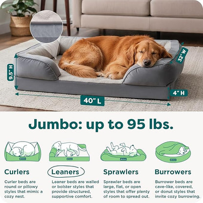 FurHaven Perfect Comfort Sofa Orthopedic Dog Bed for Large Dogs, Memory-Top Foam with a Solid Orthopedic Foam Base for Joint Support, Removable Washable Cover, Jumbo XL, Plush & Velvet, Granite Gray