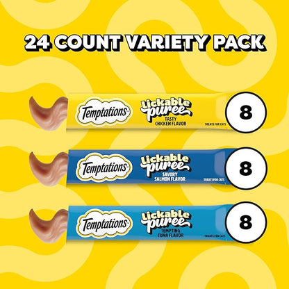 Temptations Creamy Puree Squeezable Lickable Cat Treats, Wet Cat Treats with Chicken, Salmon, and Tuna Variety Pack, 0.42 oz. Tubes, 24 Count