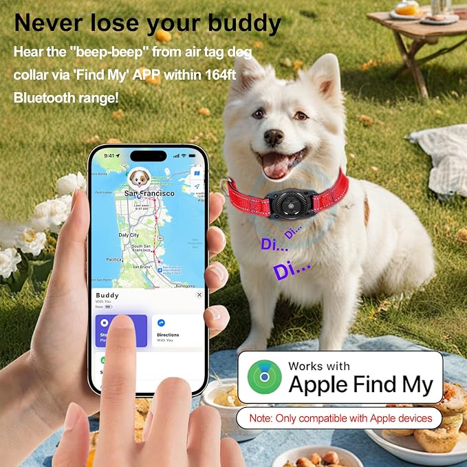 1Pc Air Tags Dog Collar Tracker, Waterproof Pet Collar Location Tracker with Air-Tag Chip for Apple Find My (iOS only) (Red, S)