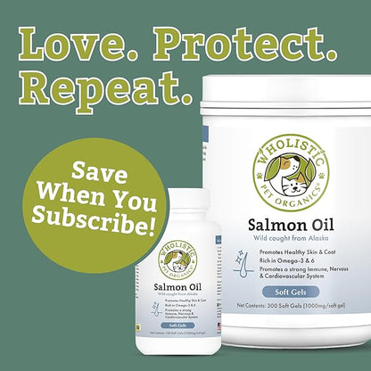 Wholistic Pet Organics Wild Alaskan Salmon Oil for Dogs and Cats - Omega 3 Fish Oil for Dogs & Cats - Cat & Dog Skin and Coat Supplement, Heart and Joint Health - DHA, EPA Omega 3 6 9-500 Soft Gels