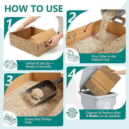 3-Pack Disposable Cat Litter Box, Waterproof & Leak-Resistant Cardboard, Foldable for Travel and Temporary Use, Eco-Friendly with Cute Cartoon Design, Gift for Cat Lovers