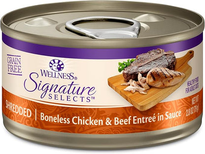 Wellness CORE Signature Selects Shredded Adult Canned Wet Cat Food, Natural, Protein Rich, Grain Free, Chicken and Beef Entrée Recipe, 2.8 oz, Pack of 12 Cans
