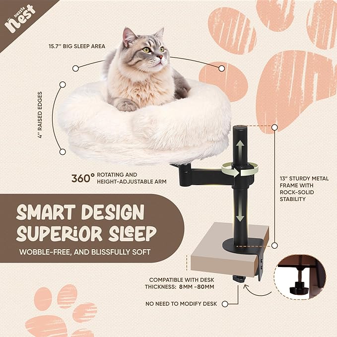 Cat Desk Bed with 360° Rotation & Height Adjustment, 60LB Capacity – Ultra-Plush Desk Mounted Perch Attachment, Table Cat Bed for Computer Desk, Washable Fluffy Hammock