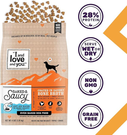 I AND LOVE AND YOU Baked and Saucy Dry Dog Food - Chicken + Sweet Potato - Prebiotic + Probiotic, Real Meat, Grain Free, No Fillers, 10.25lb Bag