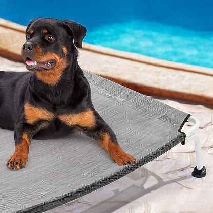 Veehoo Elevated Dog Bed for Outdoor, Cooling Waterproof Raised Dog Cots Beds XL, Curved Off Ground Pet Hammock Cot Lifted for Outside, up to 150lbs, White Legs, Black Silver 49"