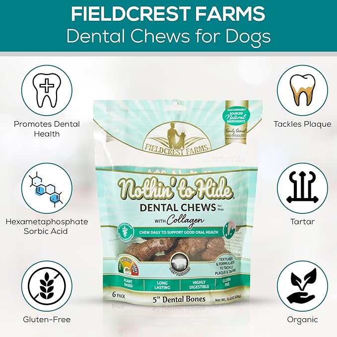 Fieldcrest Farms Dental Chews for Dogs, Wave (5inches, 6count Pack) – Tackles Plaque, Tartar, Promotes Dental Health – w/Collagen, Gluten-Free, for Aggressive Chewers up to 25 lbs