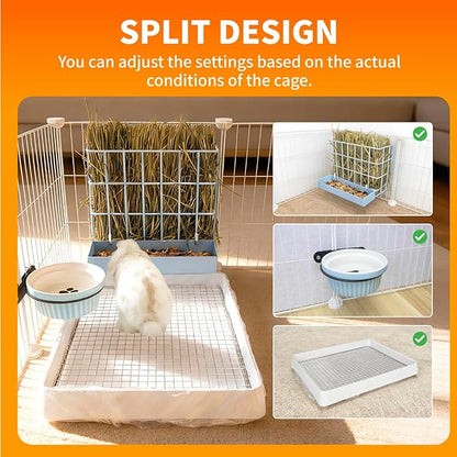 BESNEW 3 in 1 Rabbit Hay Feeder with Litter Box,Upgraded Metal Hay Rack & Litter Tray & Water Bowl,Quick Cleaning,Easy to Install,Bunny Supplies for Rabbit Guinea Pig Chinchilla Small Animals