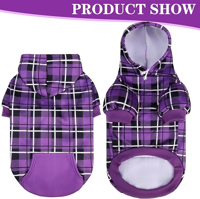 EXPAWLORER Plaid Dog Hoodie - British Style Warm Dog Sweater Shirt with Leash Hole,Pitbull Clothes Outfits,Winter Coat Apparel for All Breeds Puppy Girl Boy-Cat Apparel,Purple X-Small