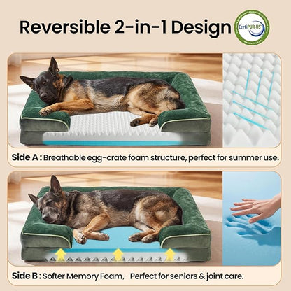 OhGeni Orthopedic Dog Bed Couch Big Cat Sofa for Extra Large Sized Pets with Memory Foam, Machine-Washable Waterproof Removable Cover, Soft Comfortable Fabric, 44-inch (Green)