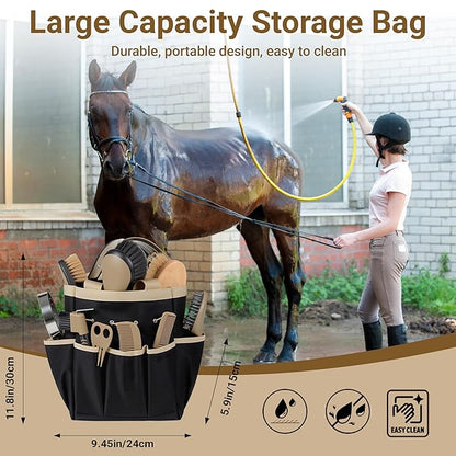 Horse Grooming Kit, 14-in-1 Professional Horse Brush Supplies Set for Grooming & Care, with Horse Brushes, Curry Comb, Hoof Pick & Waterproof Storage Tote Bag for Shining, Detangling, Massaging(Khaki)